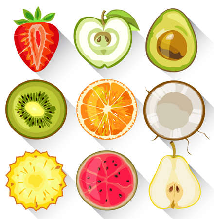 Set of fruits and vegetables. Apple, kiwi, orange, strawberry, avocado, pear, pineapple and guavaのイラスト素材