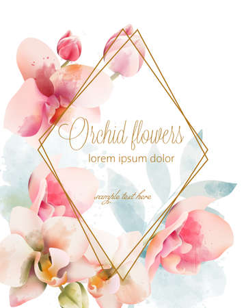 Watercolor orchid bouquet with golden frame . Watercolor Spring flowers. Place for textのイラスト素材