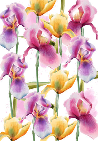 Iris flowers pattern. Watercolor. Hand drawn. Vintage designのイラスト素材