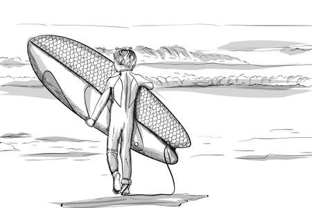 Boy with a surfing board walking to the sea. Line artのイラスト素材