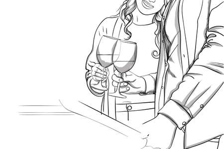 Romantic Young couple clinking glasses with each other. Line artのイラスト素材