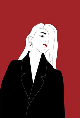 Girl with red lips and in black jacket posing on red backgroundのイラスト素材