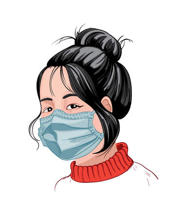 Chinese girl with dark hair and red sweater wearing a protective mask. Corona Virus ideaのイラスト素材