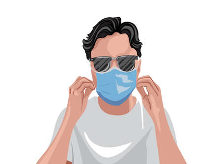 Adult in white t-shirt wearing protective medical mask and sunglasses. Vectorのイラスト素材