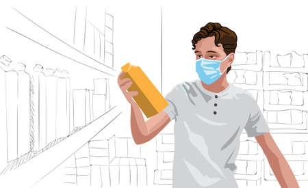 Young man in white t-shirt wearing protective medical mask looking at some milk in grocery store. Vectorのイラスト素材