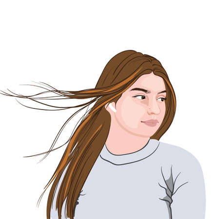 Serious brunette in gray sweater with wireless earphones. Wind blowing. Vectorのイラスト素材