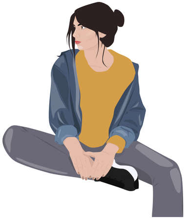 Woman dressed in gray pants, black sneakers, yellow t-shirt and blue jacket looking away with a serious facial expressionのイラスト素材