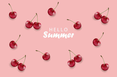 Hello summer banner with cherry fruits and rose background. Vectorのイラスト素材