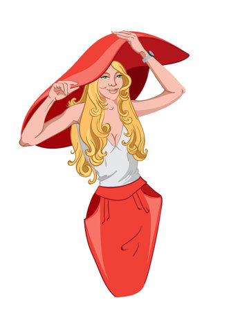 Smiling adult blonde woman in white blouse, red skirt and big hatのイラスト素材