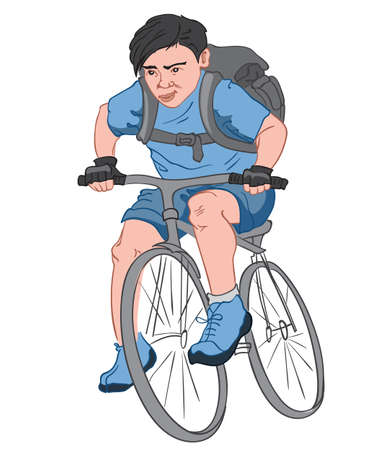 Black haired boy with a serious facial expression, dressed in blue clothes with a big black backpack riding his bikeのイラスト素材