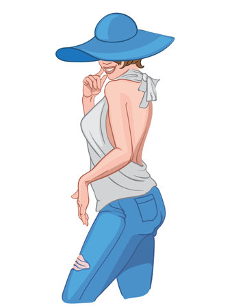 Smiling woman in blue jeans, white blouse and blue hat posingのイラスト素材