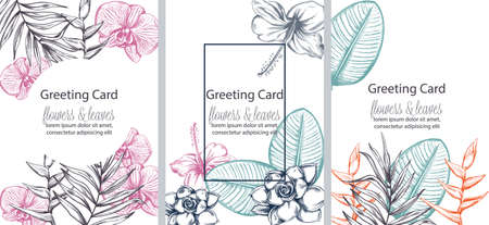 Set of greeting cards with place for text. Colorful flowers and leaves in line artのイラスト素材