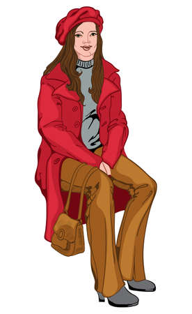 Adult woman with joyful facial expression dressed in red beret and coat, brown pants and handbag, gray sweater and shoes. Brunette with green eyesのイラスト素材