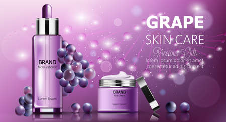 Banner set of grape skin care cosmetics. Facial essence and cream. Purple color. Product placementのイラスト素材