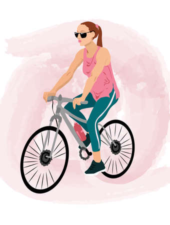 Brunette woman in pink t-shirt, sunglasses, teal pants and shoes riding a bike. Watercolor backgroundのイラスト素材