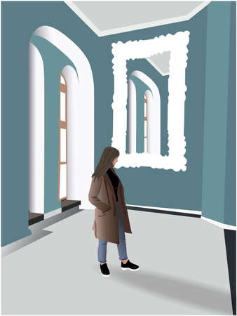 Young woman in black shoes and t-shirt, blue jeans, brown jacket in victorian design interior with teal walls. Exploring artのイラスト素材