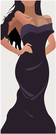 Tanned woman with black hair in elegant dress. Hands on shoulders. Party and evening lookのイラスト素材