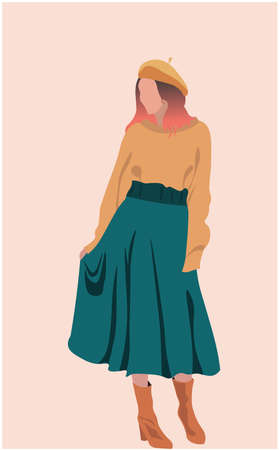 Fashionable woman in yellow sweater and cap, teal skirt and brown shoesのイラスト素材
