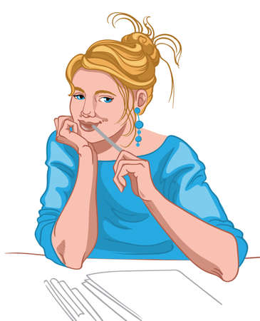 Young blonde woman with blue eyes and joyful face dressed in blue blouse thinking what to write. Work routineのイラスト素材