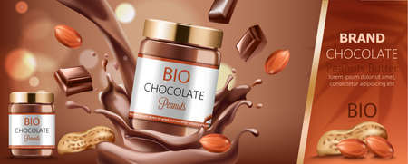 Two jars filled with peanut chocolate surrounded by nuts and splashes. Bio. With place for text. Realistic. 3D Mockupのイラスト素材