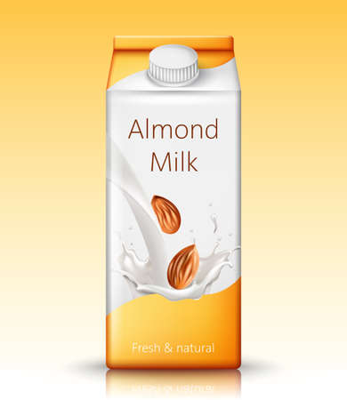 Carton box with almond milk. Fresh and natural. Realistic. 3D Mockupのイラスト素材