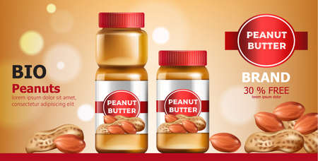 Composition of three jars with peanut butter. Place for text. Bio. On Sale. Realistic. 3D Mockupのイラスト素材