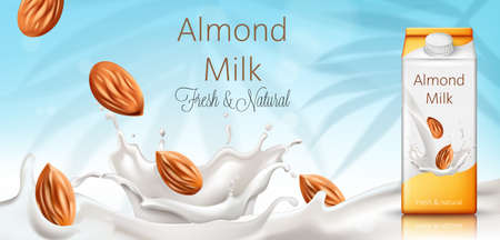 Carton box with almond milk. Nuts and milk splashes. Fresh and natural. Realistic. 3D Mockupのイラスト素材
