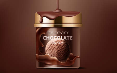 Realistic box of chocolate ice cream with liquid pouring from top on it. 3D mockup with product placementのイラスト素材