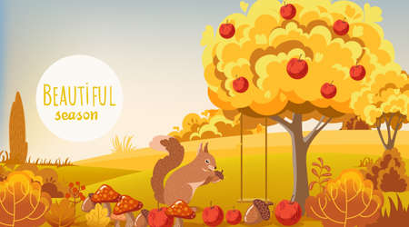 Autumn forest. Squirrel eating a acorn. Tree filled with apples, bushes, mushroomsのイラスト素材