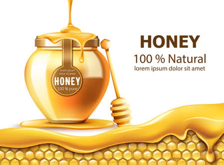 Honeycombs and a jar with honey. Dripping down. Natural product. With place for text. Realisticのイラスト素材