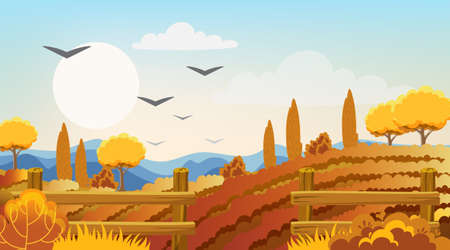 Empty fields surrounded by fences, bushes and trees. Autumn thematics. Flying birdsのイラスト素材