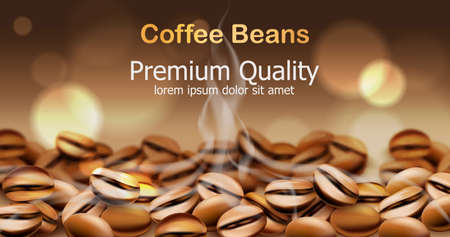 Premium quality coffee beans with smoke from them. Sparkling circles in background. Place for textのイラスト素材