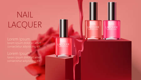 Three nail lacquer containers on podiums with liquid pouring down. Realistic. 3D mockup product placement. Place for textのイラスト素材