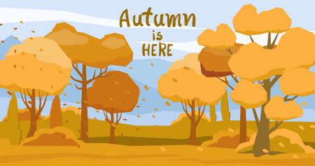 Autumnal forest with fallen orange leaves carried by the windのイラスト素材