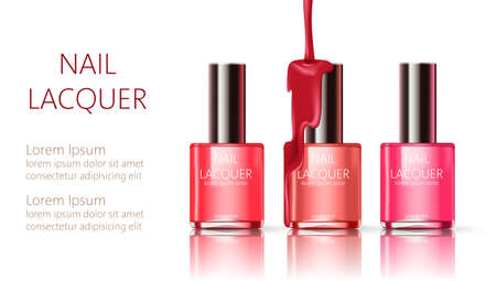 Three nail lacquer containers with liquid pouring from top. Realistic. 3D mockup product placement. Place for textのイラスト素材