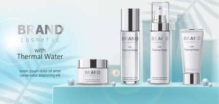 Composition of three containers with cosmetics, thermal water on teal podium with beads. Place for text. Realistic 3D mockup product placementのイラスト素材