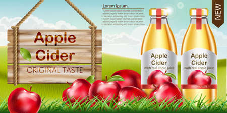Two bottles with golden liquid inside standing on grass, with apples surrounding them and a wooden sign nearby. Place for text. Cider with real apple juice and original taste. Realistic 3D mockup product placement. Vectorのイラスト素材