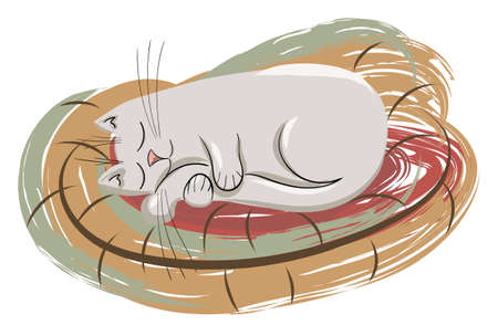 Composition of a cat sleeping and hugging his tail in his bedのイラスト素材