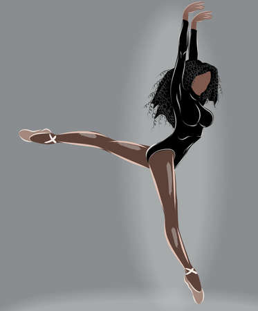 Black haired tanned ballerina in leotard and beige ballet slippers doing a split mid airのイラスト素材