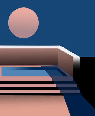 Composition of a pool on the roof top with full moon in the skyのイラスト素材