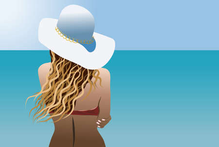 Blonde woman with a white sun hat and red swimwear looking at the seaのイラスト素材
