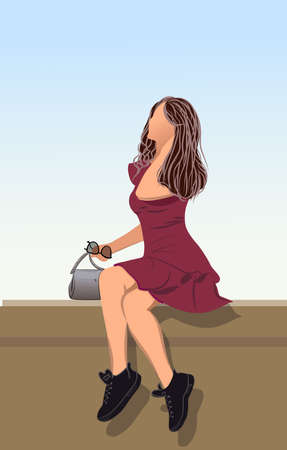 Brunette girl in burgundy dress, black shoes, gray handbag and sunglasses arranging her hair while sittingのイラスト素材