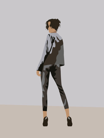 View from back of a black haired woman dressed in gray suit and black high heels looking backのイラスト素材