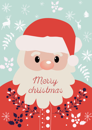 Composition of Santa Claus with Merry christmas wrote on his beard. New year themed decorations, twigs, berries, elks and snowflakesのイラスト素材
