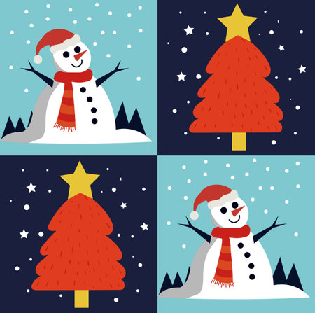 Christmas themed pattern of happy snowman and a pine tree with a star on topのイラスト素材