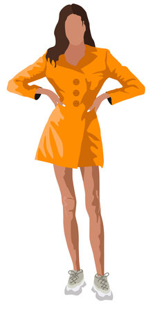 Brunette tanned woman dressed in orange coat and white sneakersのイラスト素材