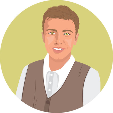 Young joyful green eyed man in white shirt and brown jacket posing with a smile on his face