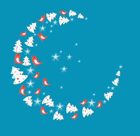 Moon shaped christmas decoration with birds, stars and fir trees. Blue backgroundのイラスト素材