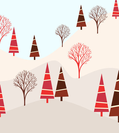 Flat style winter composition in mountains with red christmas treesのイラスト素材
