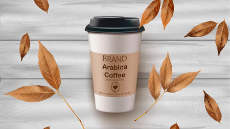 Coffee cup and leaves vector realistic mock up. Product placement label design. Wooden backgroundsのイラスト素材